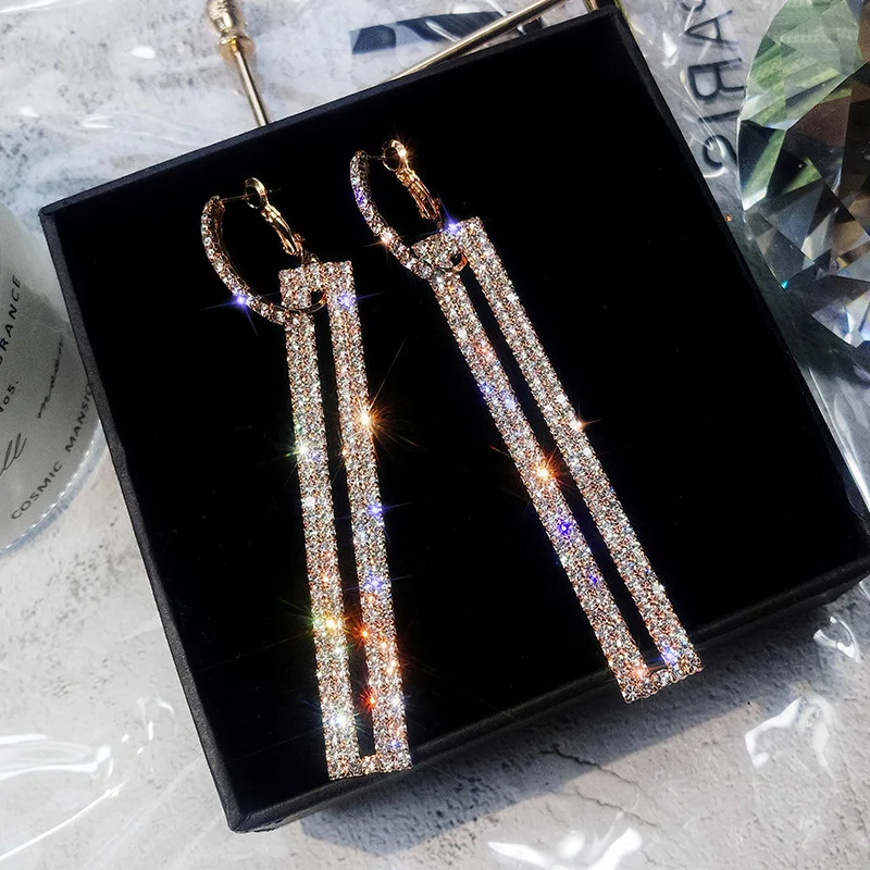 

2019 new Fashion Long Geometric Drop Earrings Gold Silver Color Rectangle Rhinestone Earrings for Women wedding Jewelry Gift