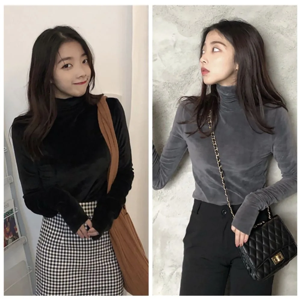 

Women T Shirt Warm Gold Velvet Pullovers Tops High Collar Bottoming Slim T-shirt Winter Warm Turtleneck Long Sleeve Tshirt