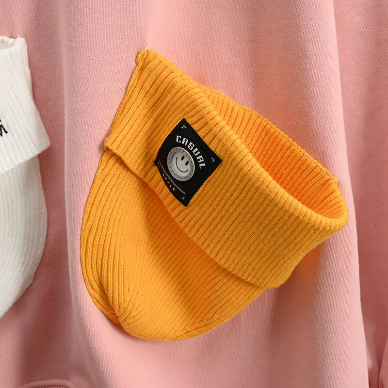 

2021 Spring Autumn European Letter Sweatshirt Loose Plus Size Slimming Contrast Color Lady Hoodie Woolen Knit Pocket Fashion Top