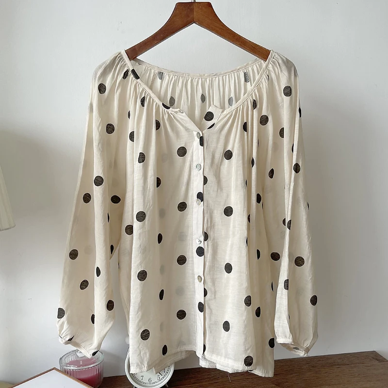 

Women Chiffon Blouse Shirt Long Sleeve Fashion Dot Loose Bubble Sleeve Autumn Elegant Blouses for Women M155