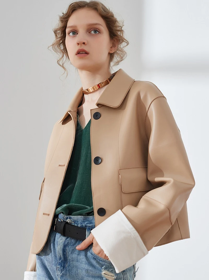 Sheepskin Jacket Women's Double Patch Pocket Spring and Autumn Genuine Leather Clothes Jacket Women's Short Style Fashion