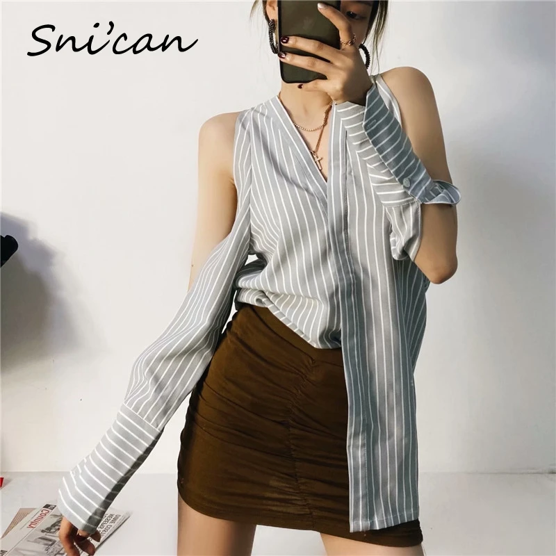 

Snican Striped Long Sleeve Off Shoulder Sexy Shirts Za Women 2021 Vintage Ladies Long Blouse Chemisier Summer Blusas Oversized