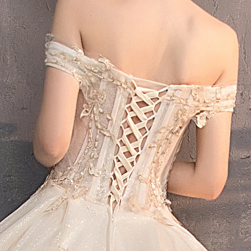 

Champagne Wedding Dress Boat Neck Off the Shoulder Short Sleeves Bling Embroidery Simple Lace up Long Women Bride Dresses B087