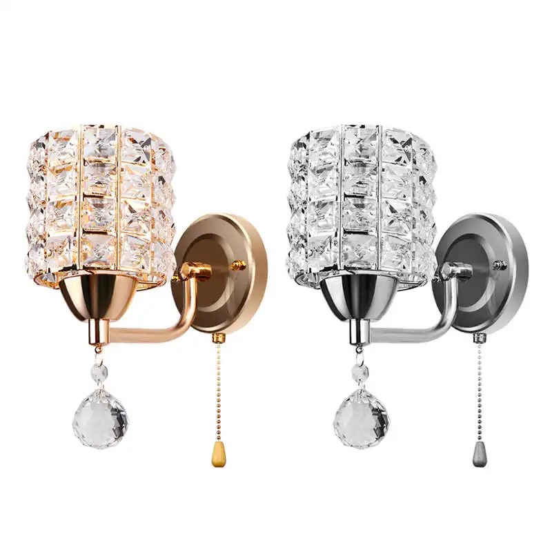 

Modern Style Wall Light Cylinder Crystal Holder With Pendant And Pull Switch Ac 85-250V E14 Socket Wall Lamp