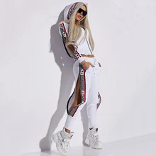 Oshoplive Split-Side Hooded Jackets&Pants Suits Casual Letter Print 2 Piece Set Women Zipper Gym Set Women Leisure Sportswear