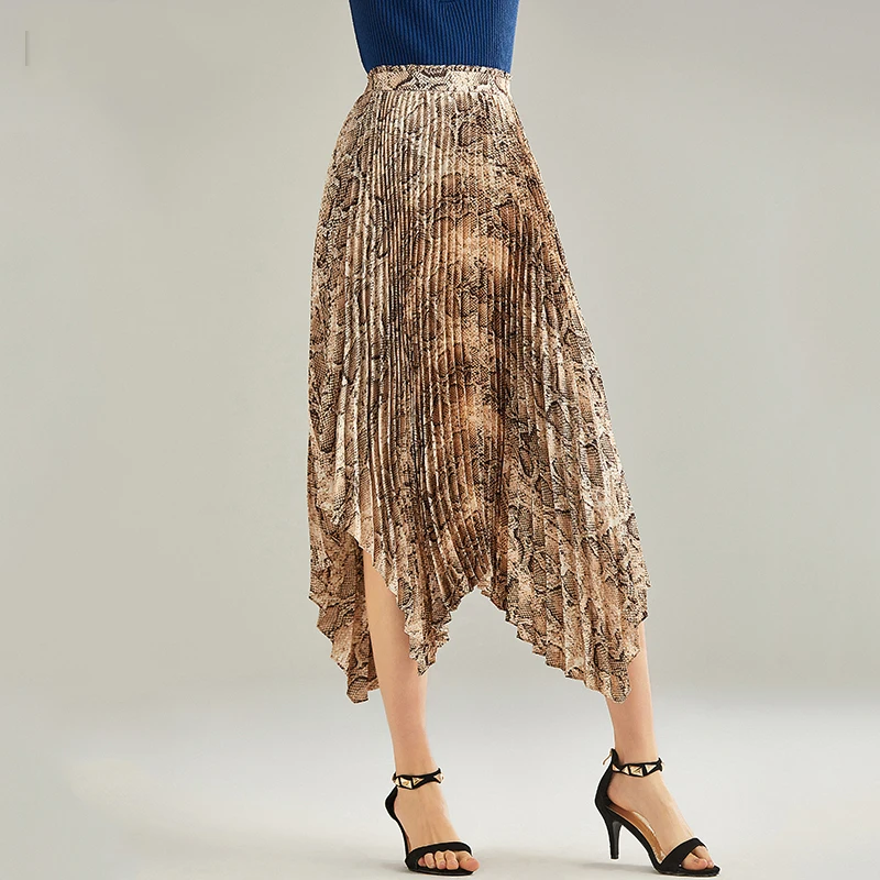 Женская плиссированная юбка со змеиным принтом длинная ассиметричная подиумная