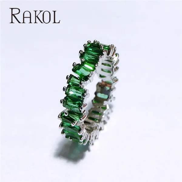 Green RAKOL, новинка, модное, роскошное, очаровательное, AAA, багет, кубический цирконий, обручальное кольцо для женщин, многоцветная, Т-образная форма, Cz камень, вечерние ювелирные изделия - Цвет основного камня: Green