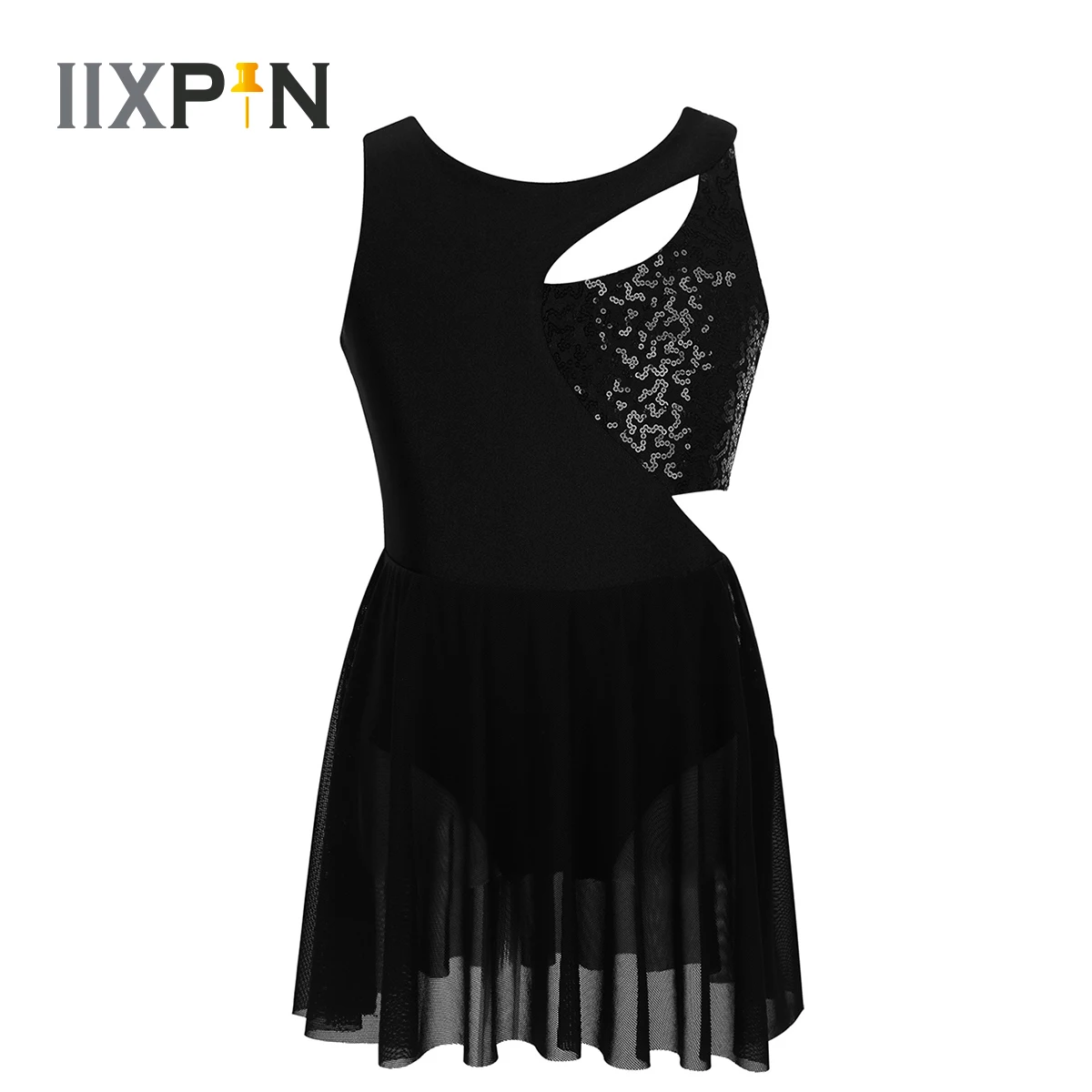 

IIXPIN Kids Girls Sleeveless Asymmetrical Shiny Sequins Keyholes Figure Ice Skating Roller Skating Ballet Dance Leotard Dress