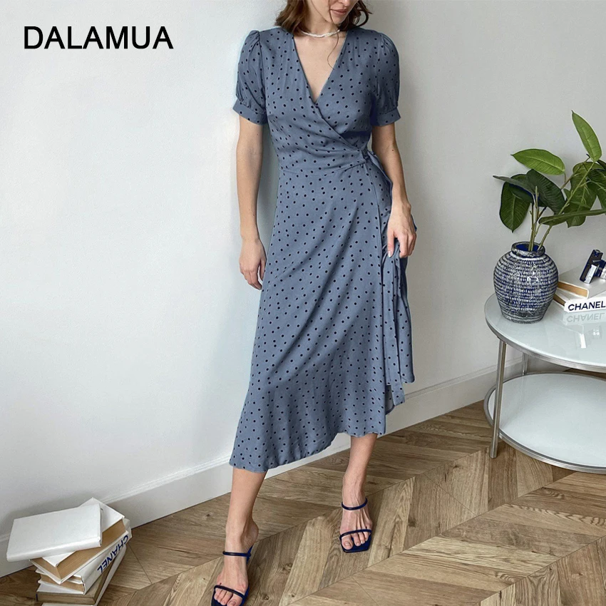 

Women Summer Dress Polka Dot Short Sleeve High Waist V-Neck Elegant Casual Office Lady Long 2022 Vintage Female Midi Dresses New