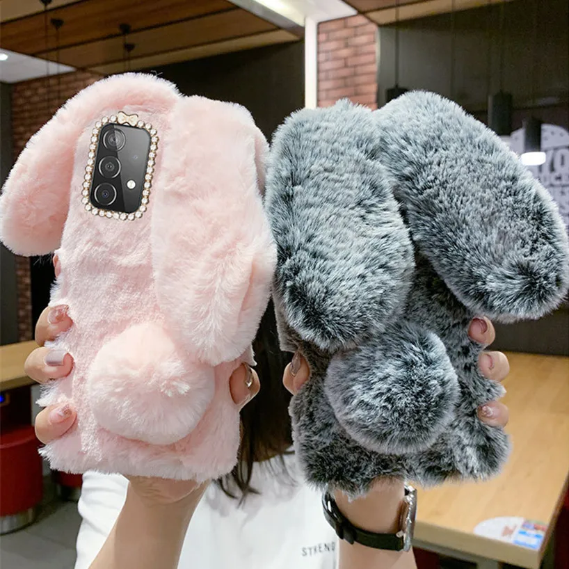 

Rabbit Fur Fluffy Silicone cover Funda For Samsung Galaxy A72 A52 A32 A70 A10 A20 A50 A51 A71 S20 FE Case Warm Phone Case cover