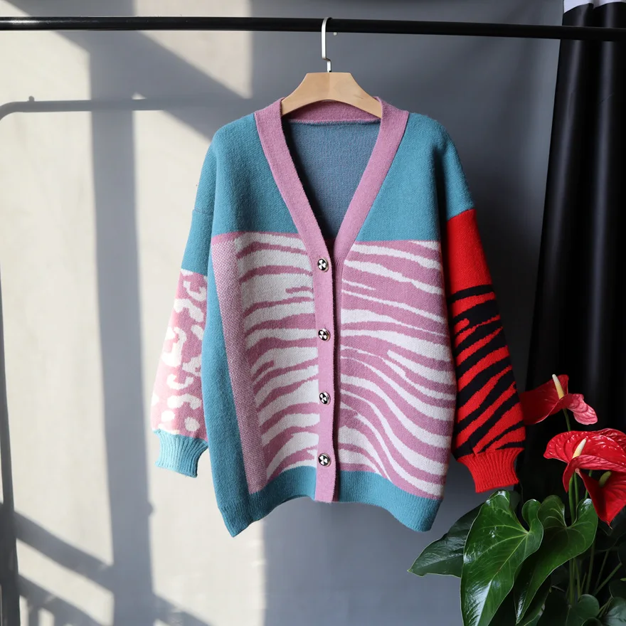 

Осенне-зимний вязаный кардиган оверсайз в Корейском стиле, контрастный свитер в полоску с длинным рукавом и v-образным вырезом, хлопковый по...