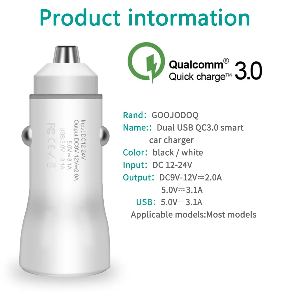 QC3.0 двойное USB быстрое автомобильное зарядное устройство для Xiaomi Quick Charge 3,0+ 3.1A автомобильное Usb для samsung Honor Redmi; Huawei Iphone 7 8 X 6A