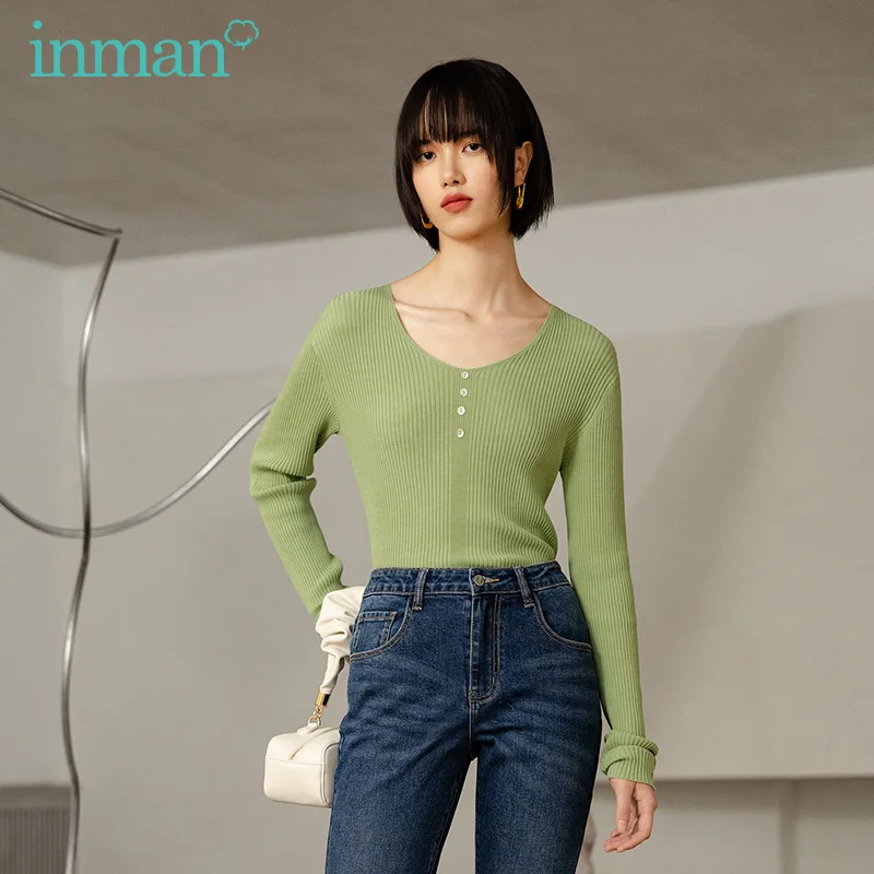 Женский трикотажный свитер INMAN с v-образным вырезом и длинным рукавом на весну