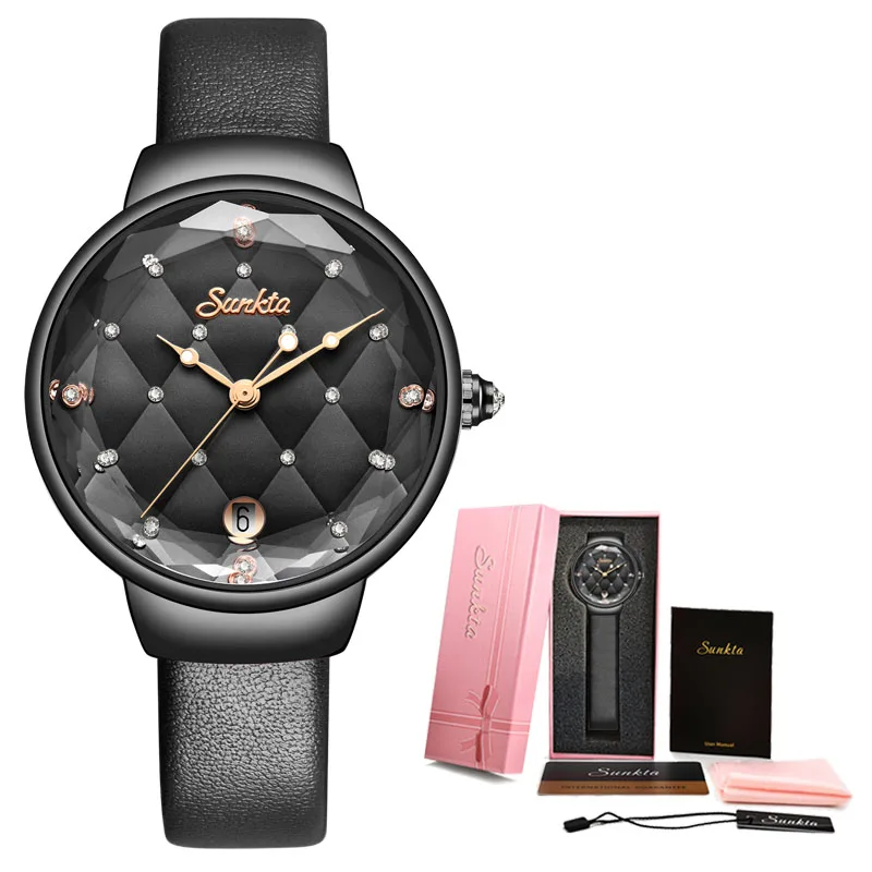 Leather black SUNKTA, новинка, женские модные золотые кварцевые часы, женские повседневные водонепроницаемые простые наручные часы, подарок для девушек, жены, Saat Relogio Feminino - Цвет: Leather black