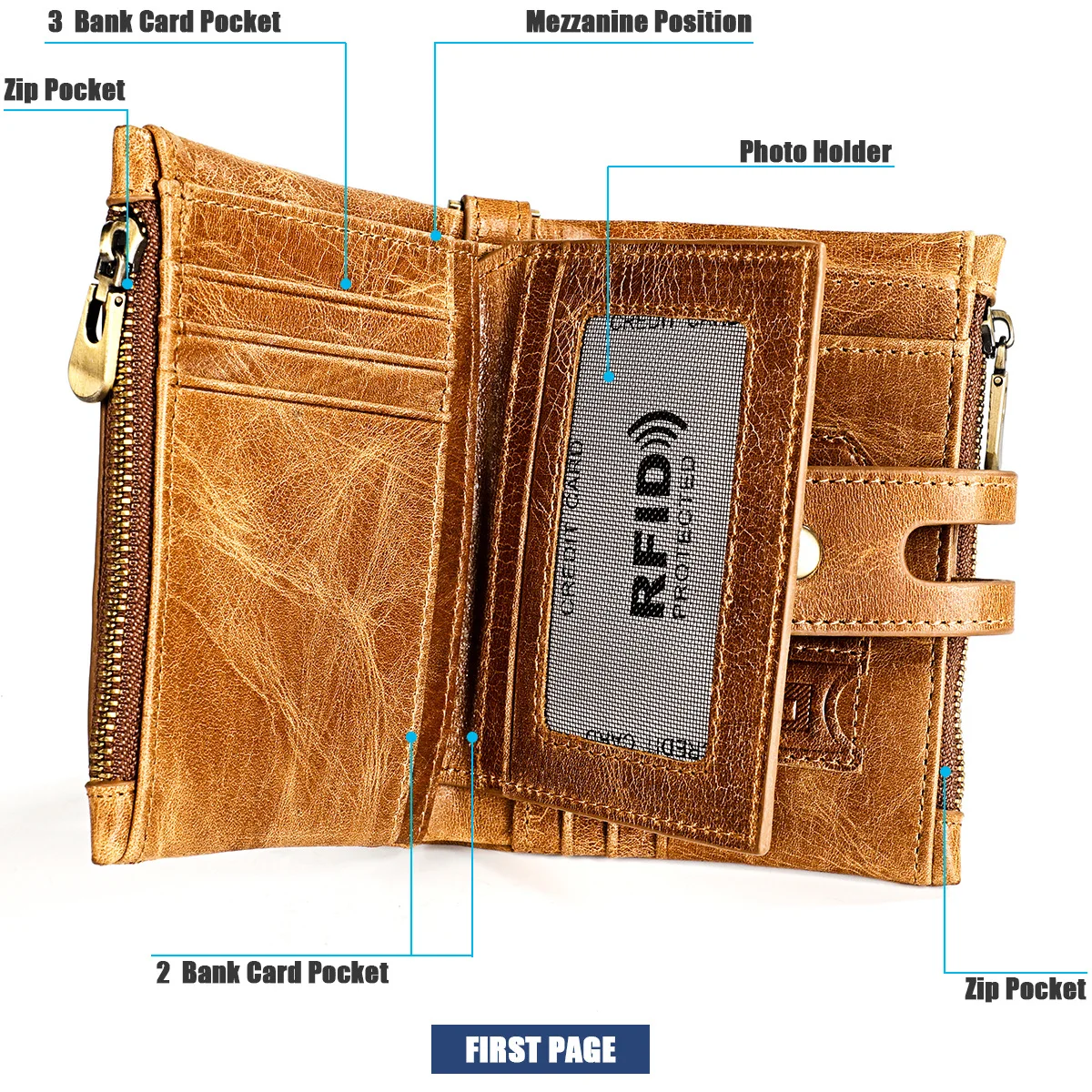 Men's Short Wallet With Anti-theft Chain Retro Genuine Leather Cowhide Crazy Horse Money Card Coin Purse Holder For Man