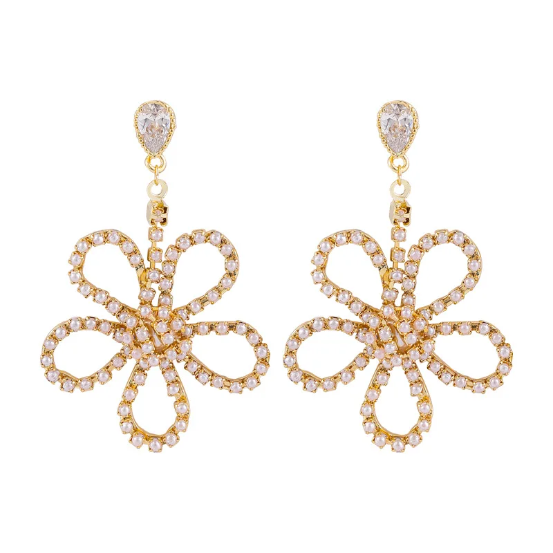 

Trendy Pearl Drop Earring Big Hollow Out Flower Gold Dangle Earrings Ethnic African Pendant Jewelry Gift For Women