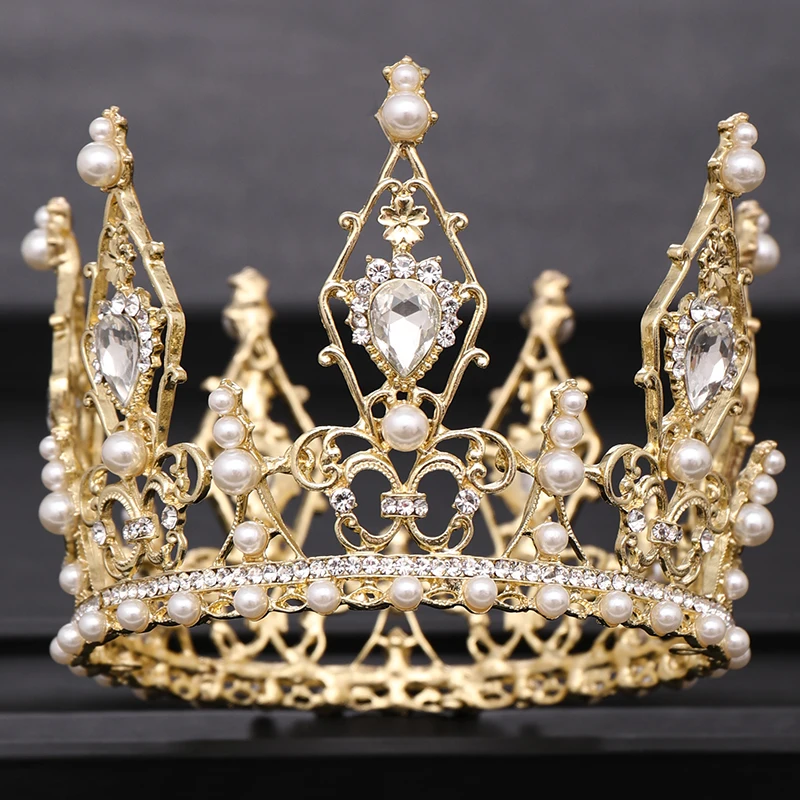 

Модная круглая Золотая Корона свадебная тиара принцессы Кристалл Стразы Жемчужная Диадема свадебная корона аксессуары для волос Свадебны...