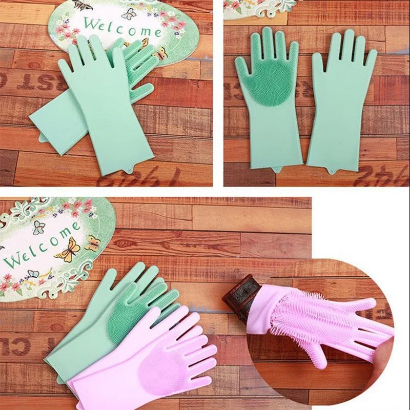 

Magic Silicone Dishwashing Scrubber Dish Washing Sponge Rubber Scrub Gloves Kitchen Cleaning 1 Pair