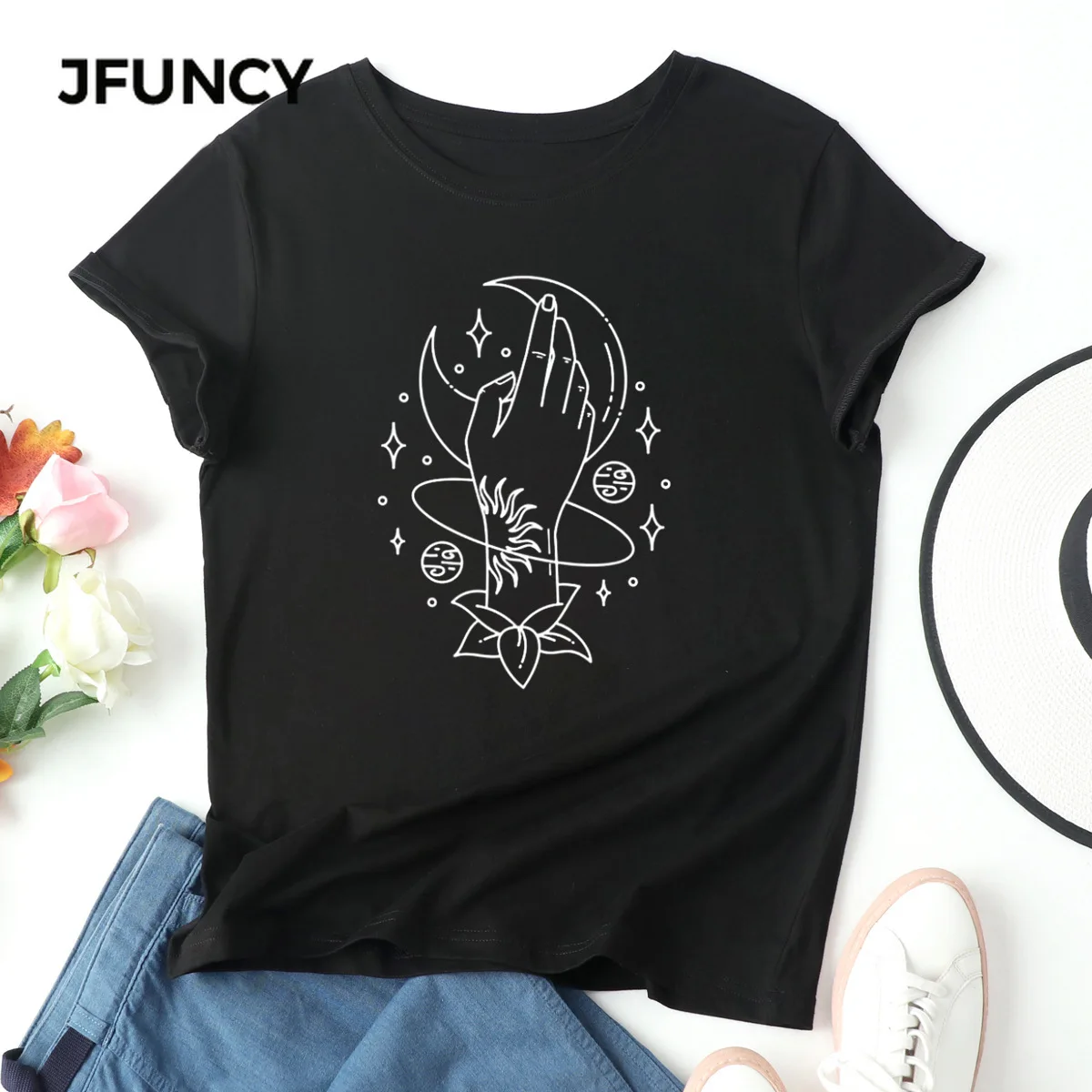 

JFUNCY Plus Size Tshirt Woman Graphic Tee Tops Harajuku Creative Printing Summer Cotton Women Shirts Casual Female Clothing