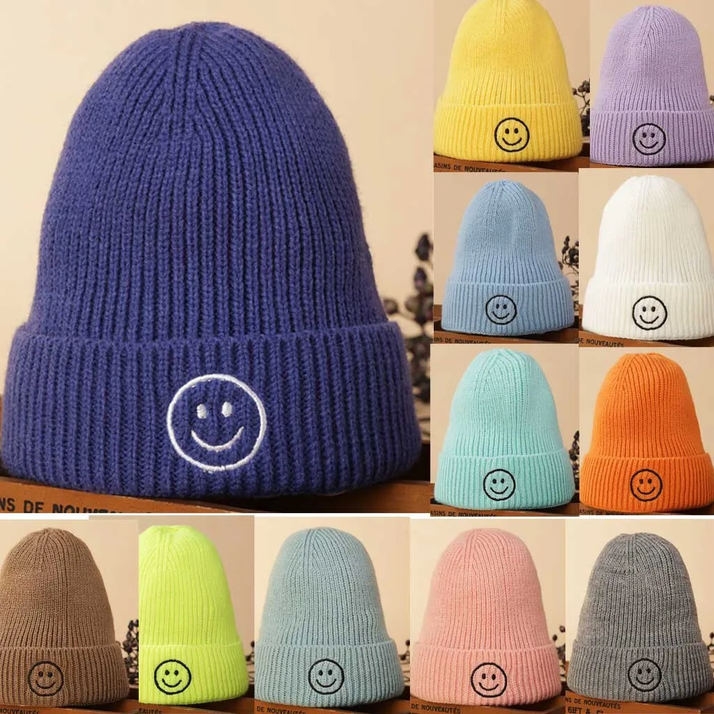 Hat Fashion Unisex Autumn Winter Warm Smiley Knitted Woolen Cap Solid color Soft Beanies Cold-proof Breathable Female Simple | Аксессуары