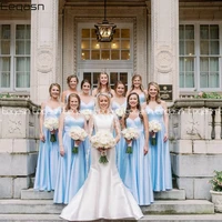 Eeqasn Sky Blue Fall Bridesmaid Dresses Long Satin Spaghetti Straps V Neck Back Open Wedding Guest Dress Plus Size Cheap