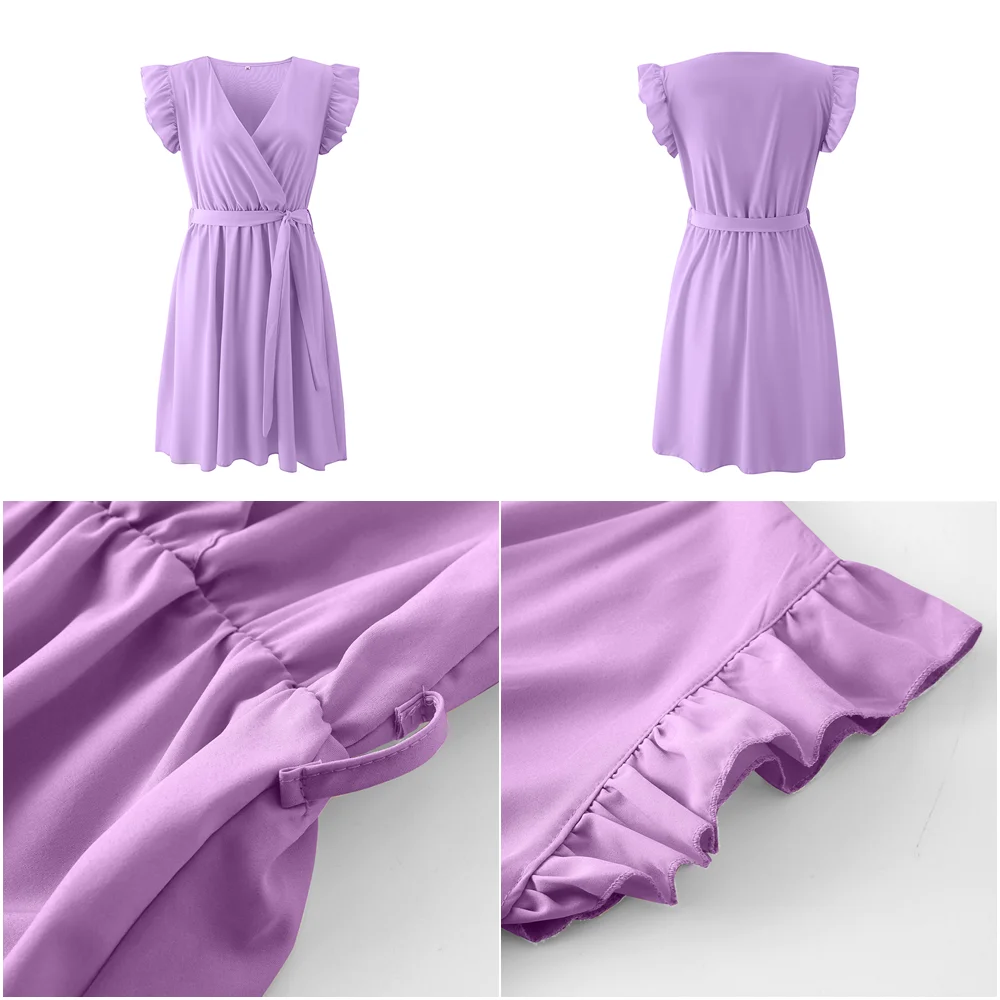 

Women's Summer New Dress Loose Belt Ruffled Sleeveless V-neck Dress For Ladies Solid Color Casual Loose Mid Skirt