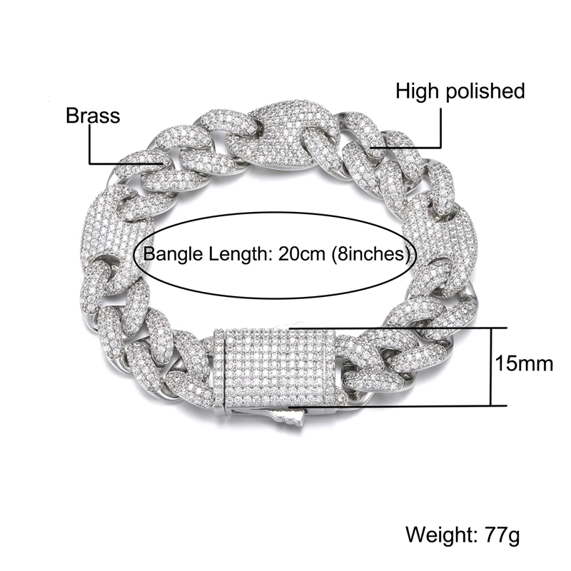 

Hip Hop 15MM Full Iced Out Coffee Bean Cuban Link Chain Copper AAA+ Cubic Zirconia Stones Bracelet For Women Men Jewelry