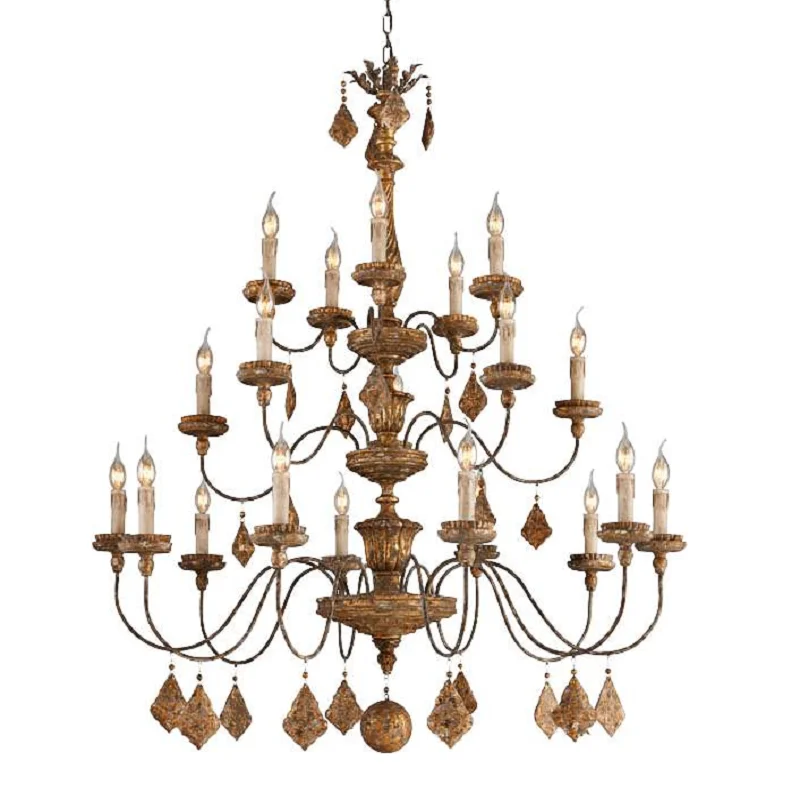 

American Retro Gold Foil Distressed Solid Wood Carving Lamp Villa Lamp in the Hallway Hotel Bedroom Decorative Chandelier