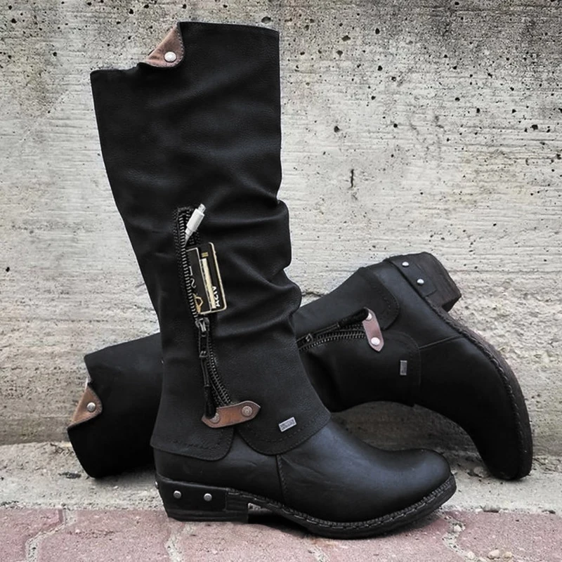 

Winter New Women Knee High Boots Faux Fur Round Toe Warm Punk Boots Side Zipper Low-heeled Woman Cowboy Boots Hidden Pocket