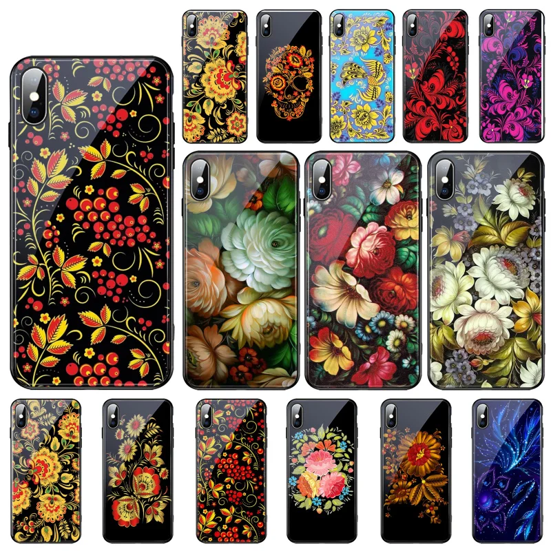 

Khokhloma Russian Pattern Flower Glass phone case For iphone 13 Pro Max For iphone 12 11 Pro Max XS XR X 8 7 Plus SE2