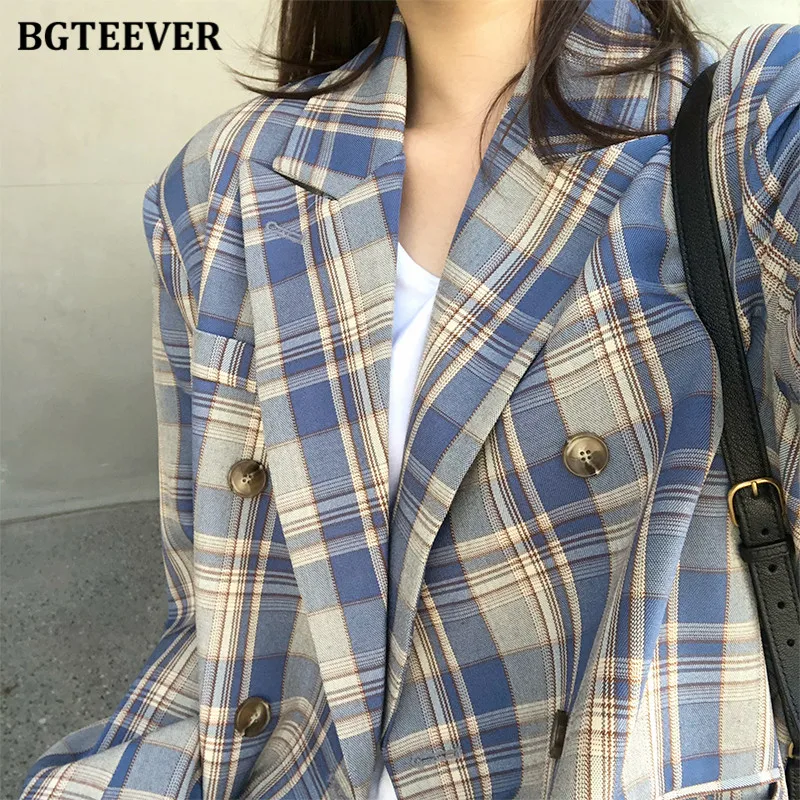 

BGTEEVER Vintage Loose Women Plaid Blazer 2020 Autumn Chic Double Breasted Female Long Sleeve Suit Jackets Stylish Ladies Blazer