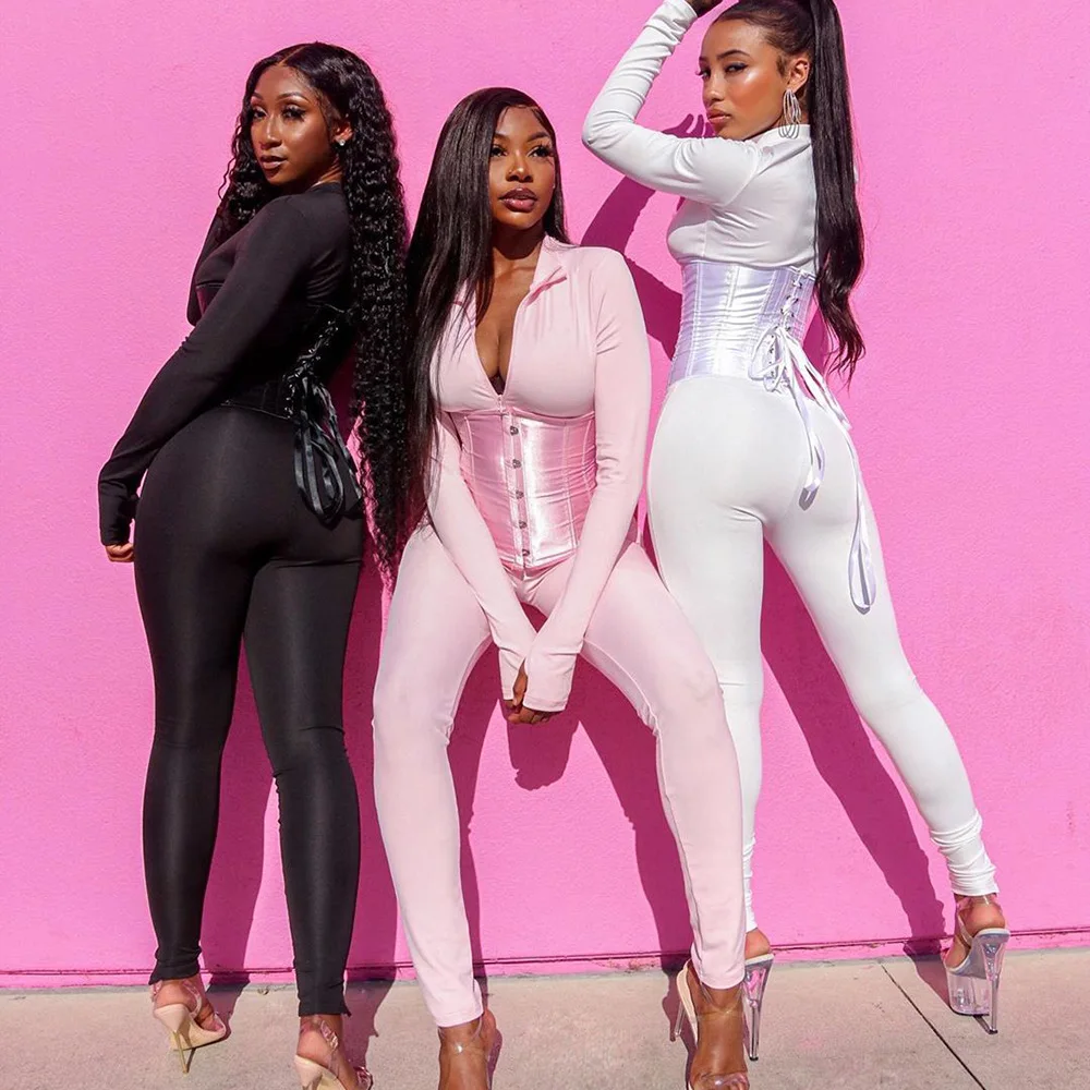 

2020 Long Sleeve Jumpsuits Bandage Corset Autumn Winter Women Sexy Zipper Fitness Slim Stretch Romper Overalls Streetwear