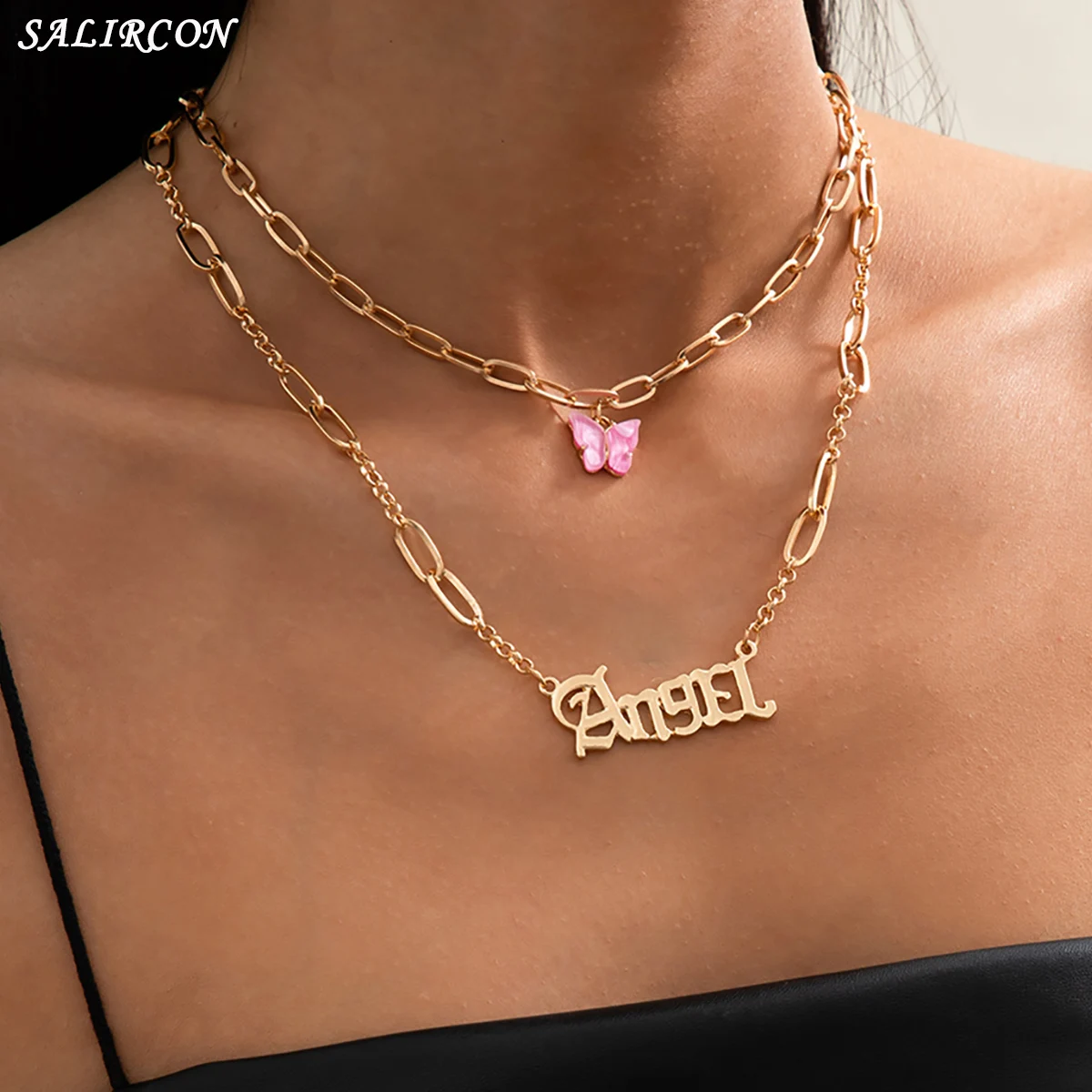 

Vintage Butterfly Angel Letter Pendant Necklace for Women Jewelry Goth Layered Link Chain Necklace Kpop Aesthetic Neck Chains