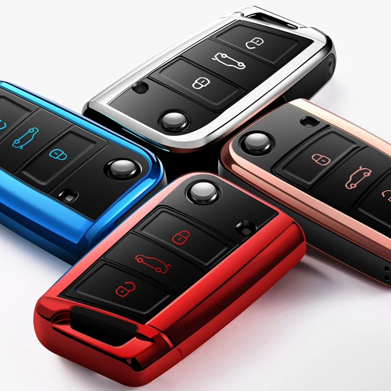 

High Quality TPU Chrome Car Key Case Cover fit for Bora Golf Polo Tiguan Key Shell Protector Auto Key Bag Chains Car Accessories