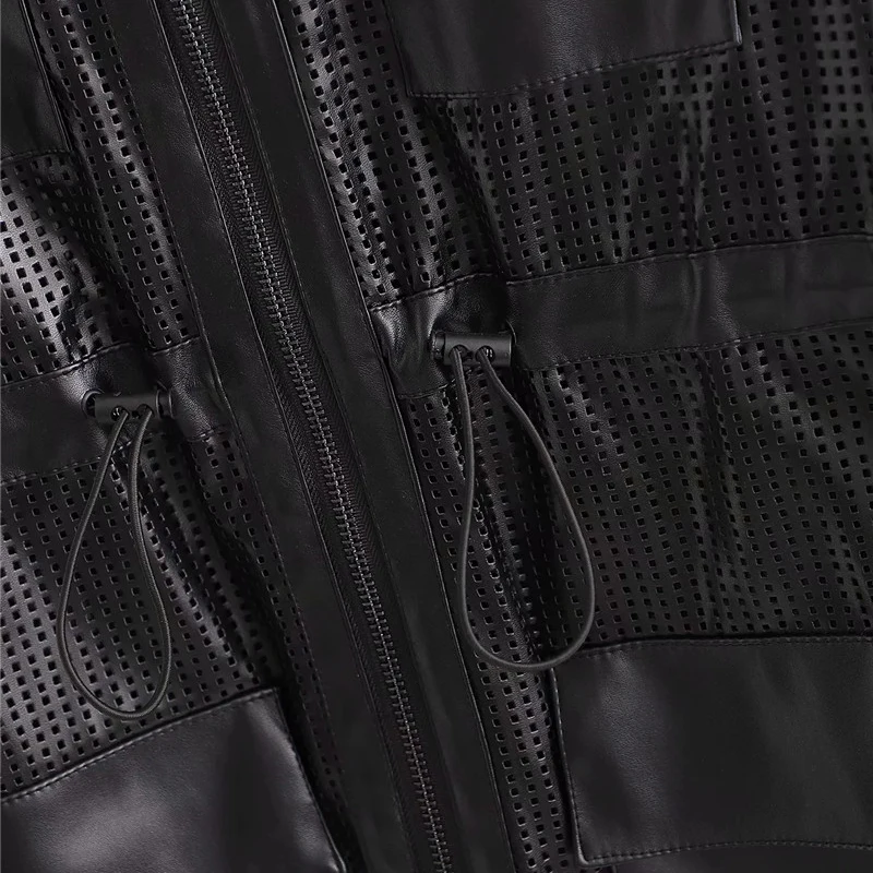 

New Women Stylish Faux Leather Hollow Out Long Autumn Black Jacket Outwear Ladies Fashion Drawstring Waist Pockets Pu Jackets