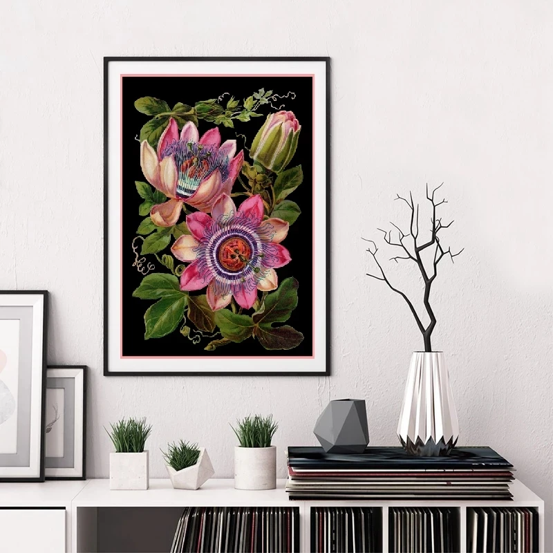 

Antique Victorian Botanical Canvas Art Print Poster Passion Fower Illustration Black Background Painting Picture Home Wall Decor