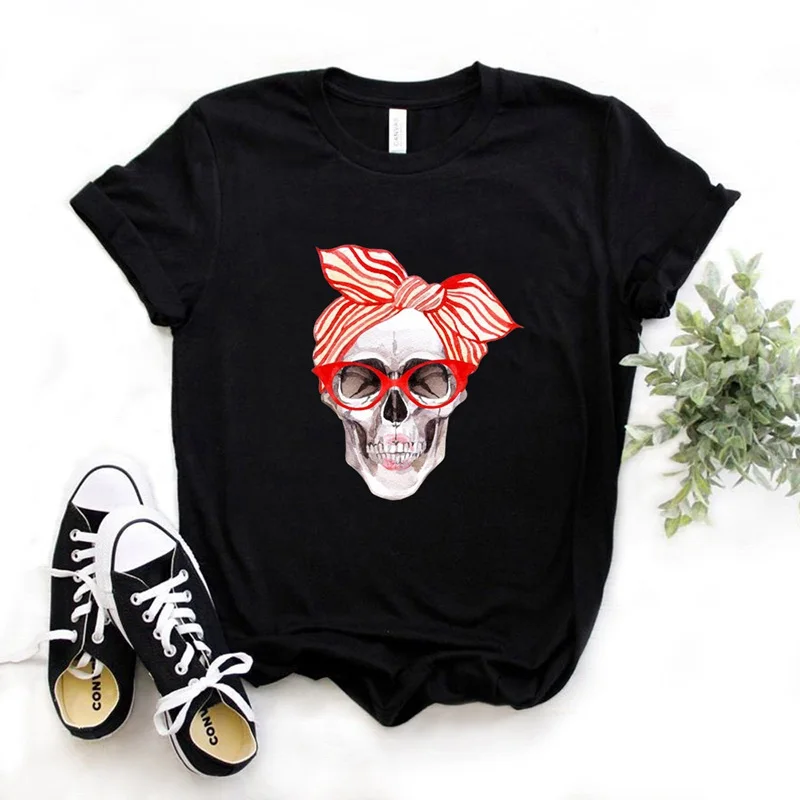 

Turban skull print ladies t-shirt pure cotton casual funny t-shirt gift 90's lady fashion breathable