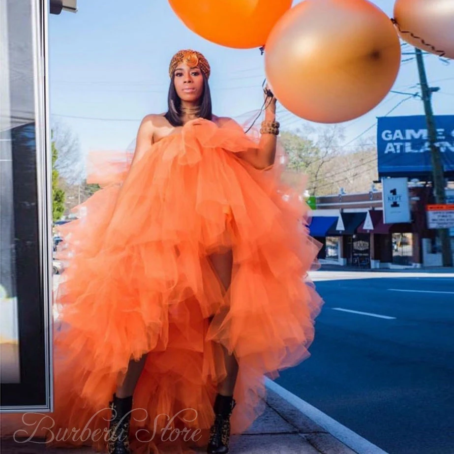 

Hippie Style Orange Puffy Tulle Prom Gowns Formal Dress Ruffles Tiered Tulle High Low Chic Cocktail Party Dress Robe de soiree