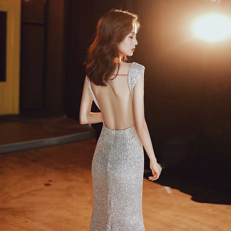 

Champagne Sequin Party Dress CR363 Tank Floor-Length Evening Dresses Sleeveless Formal Gowns Mermaid V-Neck Robe De Soiree