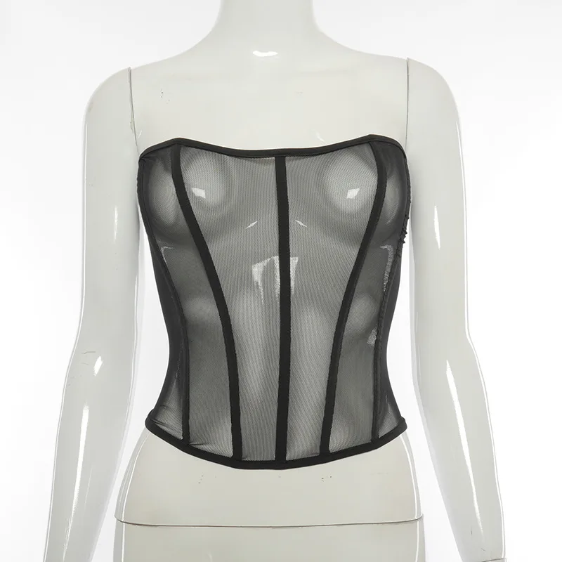 

2021 New Fashion Sexy Black Tube Mesh Corset Crop Top Ladies Bandage Summer See Through Strapless Lace Up Off Shoulder Tank Tops