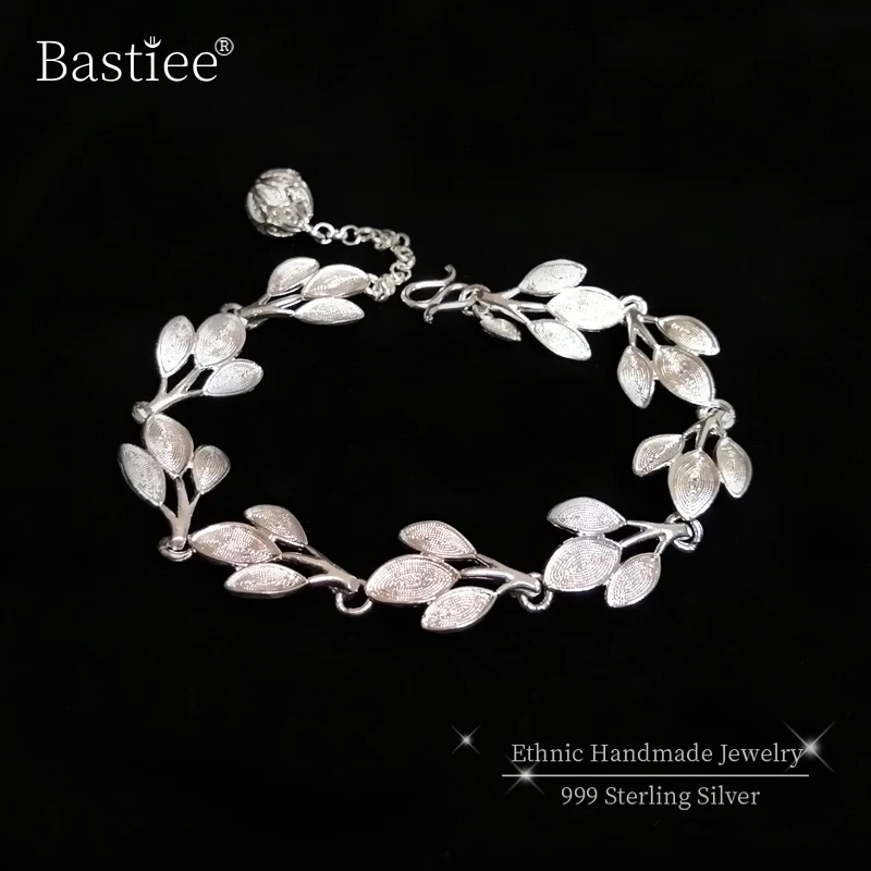 999 Sterling Silver Leaf Bracelets For Women Bracelet Femme Handmade Luxury Jewelry Charms Ethnic Hand Chain Link Gifts pulseira