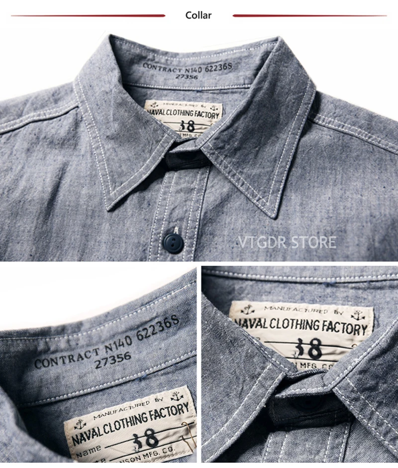 Bronson WW2 USN ШАМБРЕ Рабочие Рубашки мужские винтажные Selvage темно-синий усталость утилита