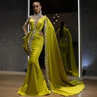 new luxury crystal mermaid evening dresses with cloak one full sleeve high collar saudi arabia long prom gowns