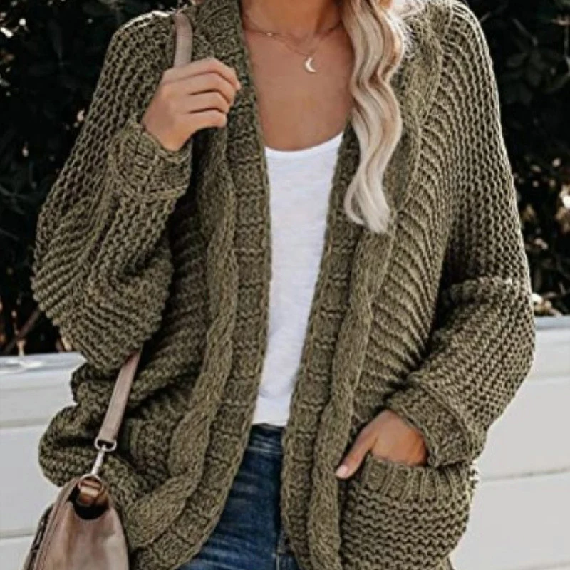 Женский вязаный кардиган с карманами однотонное пальто длинным рукавом женский