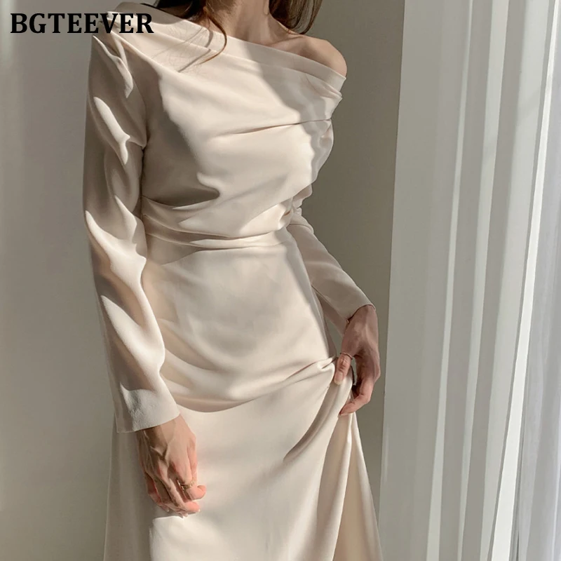 

Женское платье на одно плечо BGTEEVER, однотонное облегающее платье с воротником-лодочкой, длинным рукавом, осень 2021