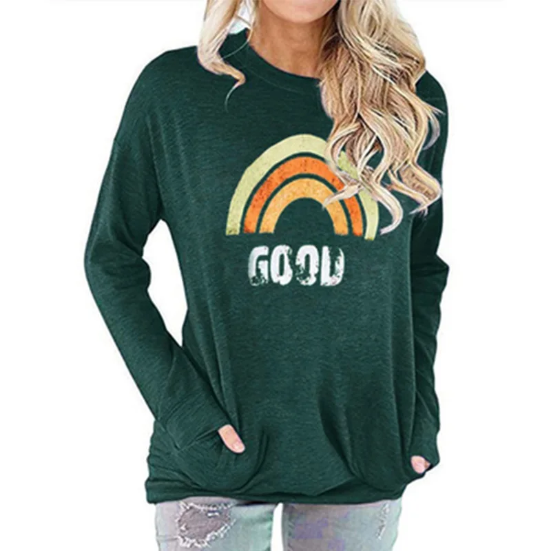 

2021 spring autumn hot sale casual printed round neck bat long sleeve loose hedging women's T-shirt