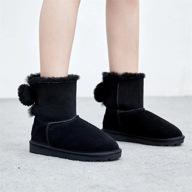 

Meotina Warm Wool Snow Boots Women Boots Cow Suede Flat Ankle Boots Zipper Bow Fur Round Toe Short Shoes Lady Winter Size 34-39
