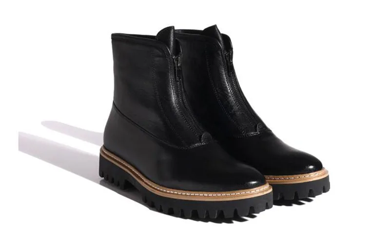 Full Grain Leather Autumn Black Ankle Mens Patent Boots Shoes Zipper Genuine Real High Quality Sole Platform Thick Soled