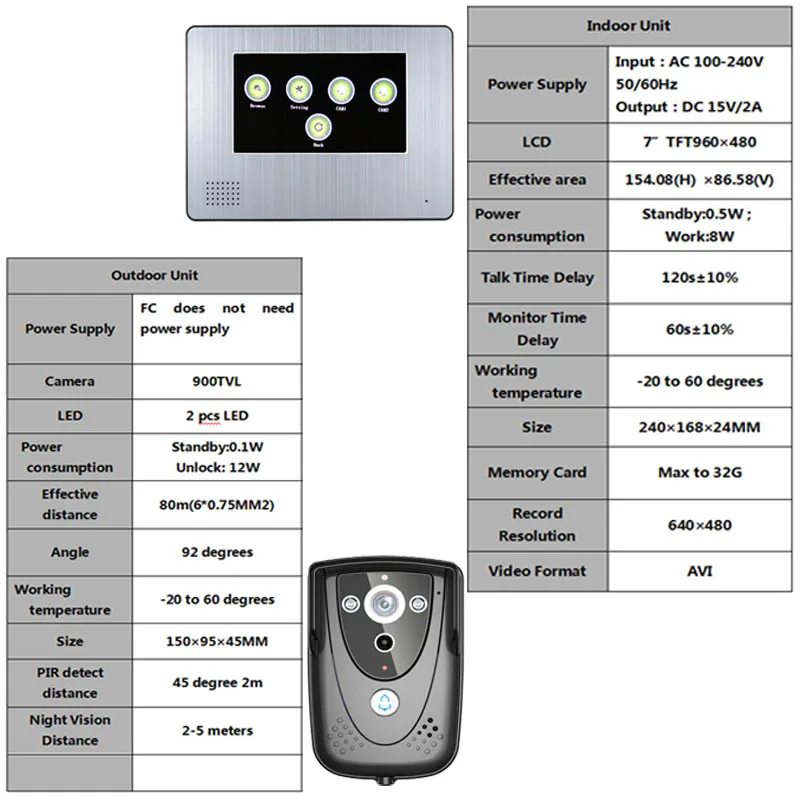 

7" DVR Color Touch Screen Video Door Phone with PIR Record intercom System with IR camera 8G SD card