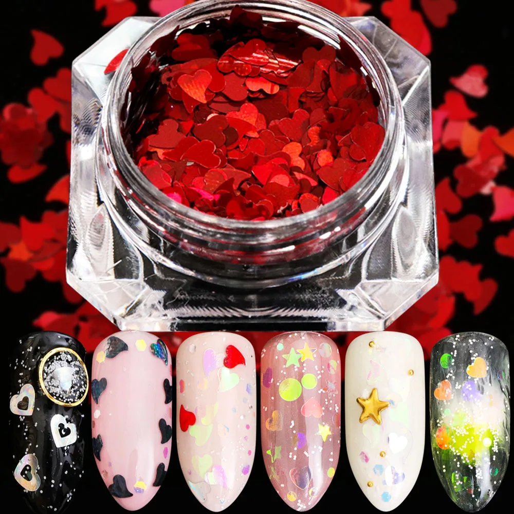 1 коробка Блестящие Блестки для ногтей Русалка AB Цвет Красное сердце форма